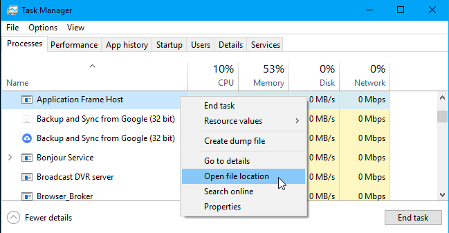 application frame host